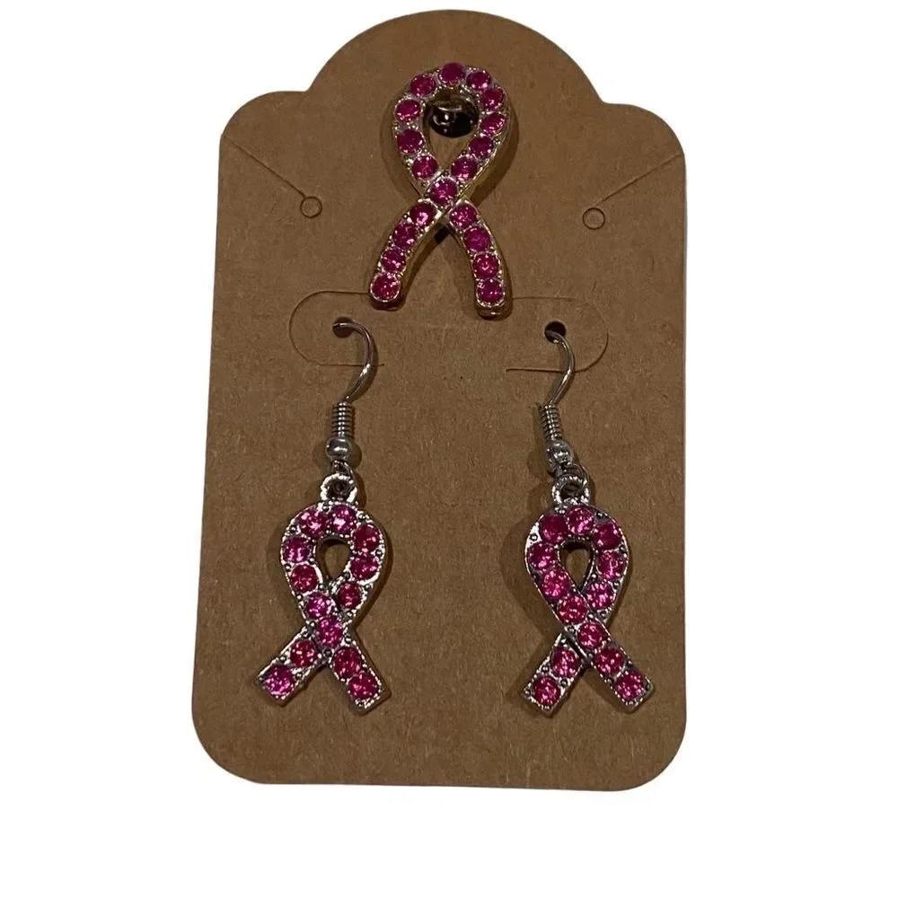 Pink Ribbon Breast Cancer Awareness Scarf Rhinestone Earrings Jewelry Set NWT